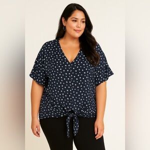 Lush Navy Cream Floral Tie-Front Blouse 2X Lightweight Casual Girly Oversized